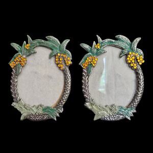 Vintage Tropical Palm Tree Jeweled Freestanding Picture Frames Pair 3.5x5
